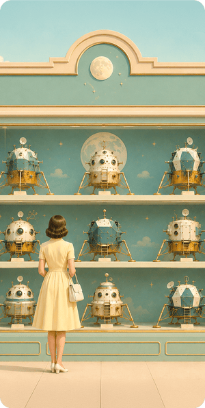Illustrazione vintage di una donna di spalle, vestita con un abito giallo pastello a maniche corte e scarpe bianche, che osserva una vetrina espositiva. Sugli scaffali sono allineati nove modellini di moduli lunari e capsule spaziali retro-futuristiche dorate e bianche. Sullo sfondo della vetrina è dipinta una grande luna piena con cielo stellato. In alto, sopra l'arco decorativo della struttura, si vede una luna reale nel cielo azzurro.