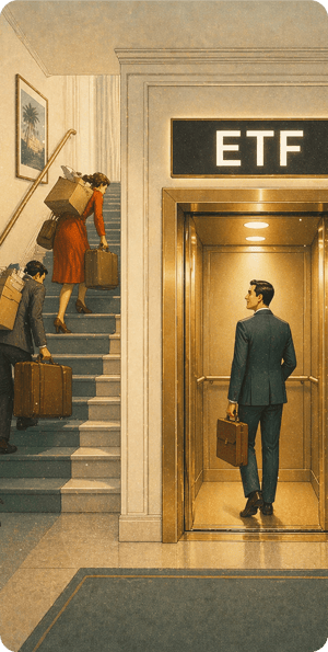 Due persone salgono faticosamente le scale con valigie mentre un uomo elegante entra in un ascensore dorato con la scritta ‘ETF’, simbolo di un percorso più semplice e veloce per investire.