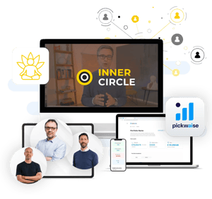 Piattaforma Inner Circle di MoneySurfers con analisi di investimento, dashboard Pickwise su desktop e mobile e coach esperti in evidenza